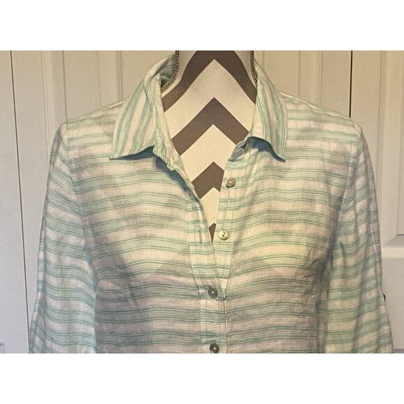 Vineyard Vines Shirt Womens 6 White Seafoam Green Stripes Linen Button Up Tunic - Picture 2 of 9